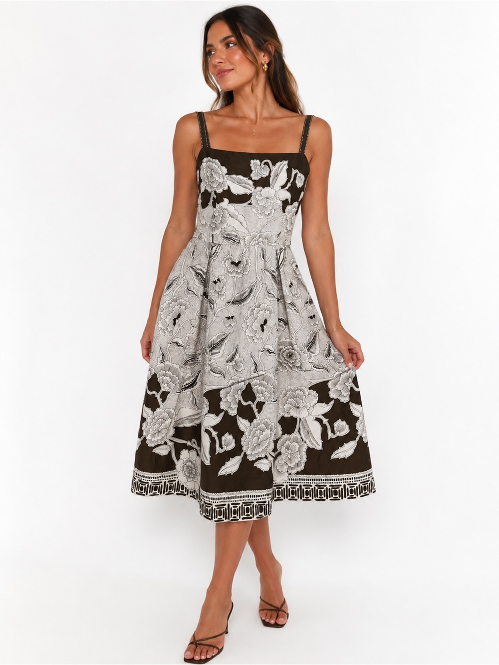 Ann Taylor Bown and white Floral Square-Neck Midi Dress
